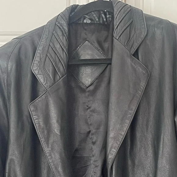 VTG Jacqueline Ferrar Maxi trench Coat long black Leather 90's lined Small - Picture 3 of 17